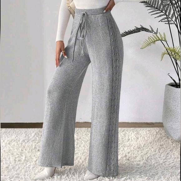 Casual Solid Color Drawstring Waist Wide Leg Knit Pants, Autumn/Winter - Picture 4 of 4